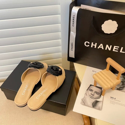 Chanel Black Camellia Slides Beige