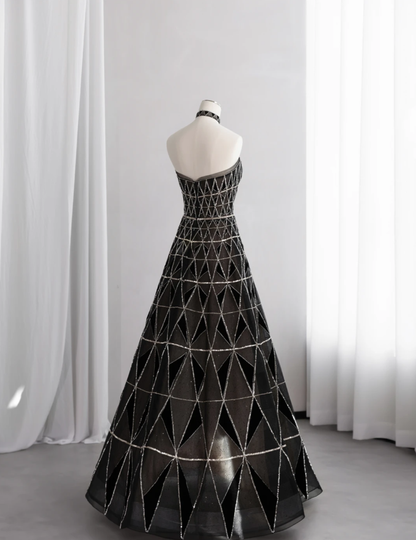 Gorgeous Black Tulle Sequin Beaded Long Birthday Party Dress Strapless Prom Dress SP1517