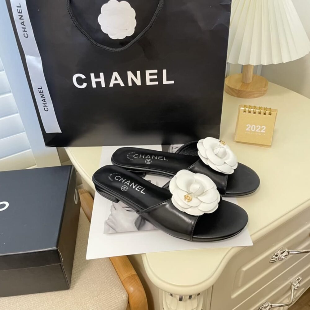Chanel White Camellia Slides Black