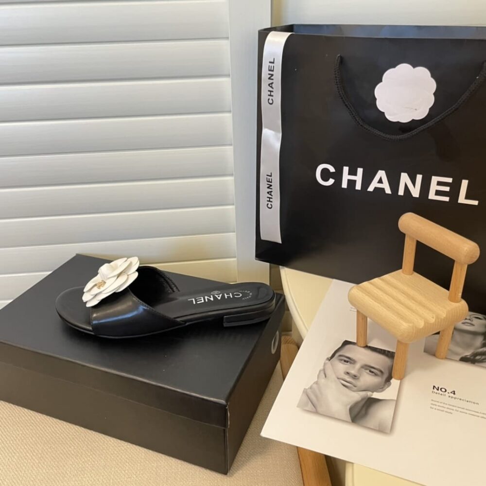 Chanel White Camellia Slides Black