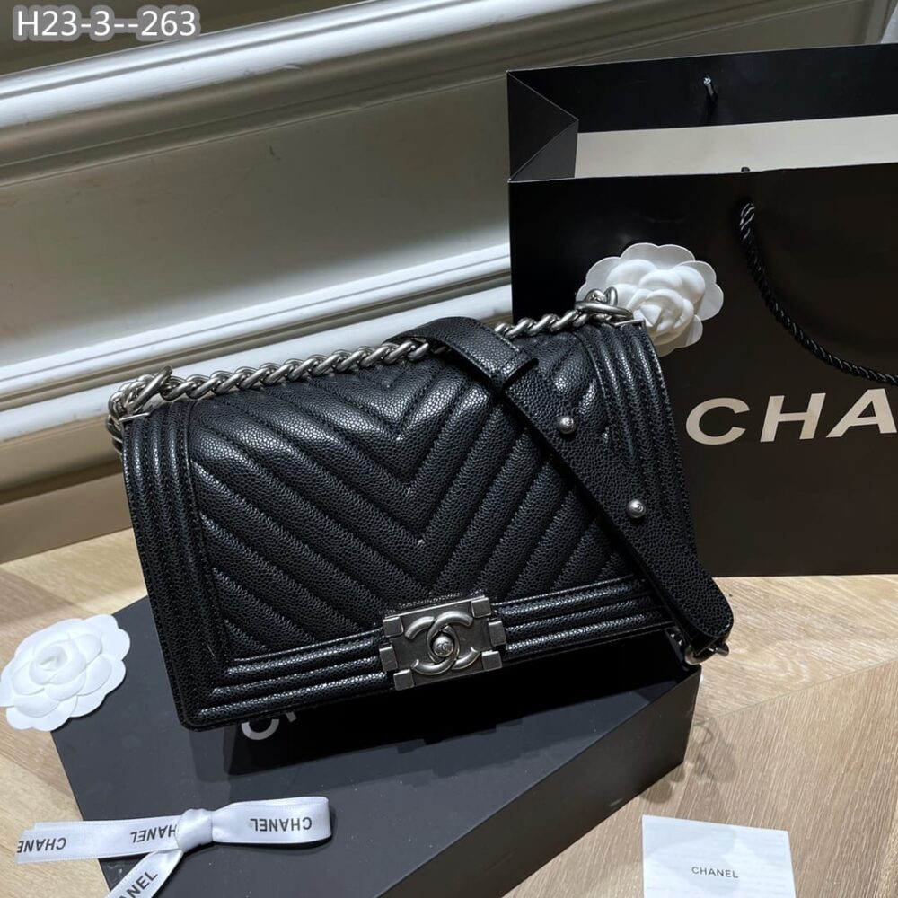 Chanel Boy Caviar Chevron Quilted Flap Bag Black 25Cm