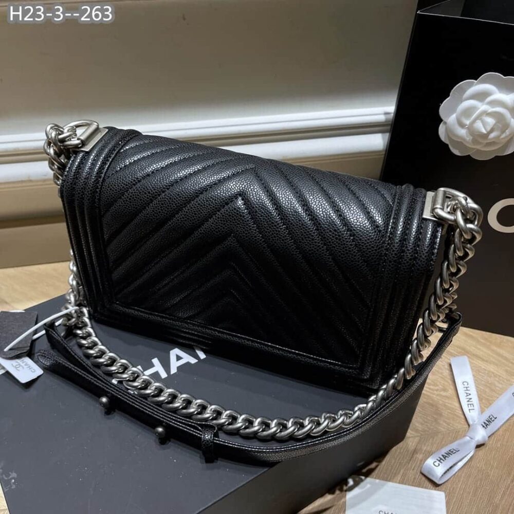 Chanel Boy Caviar Chevron Quilted Flap Bag Black 25Cm