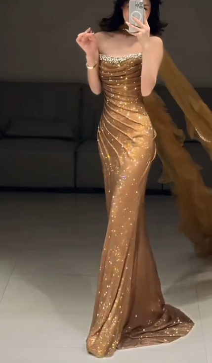 Glitter Gold Strapless Sequin Beaded Mermaid Long Party Dress Birthday Prom Dress SP1750