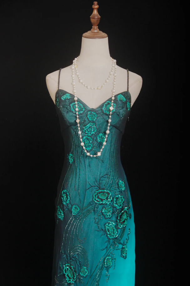 Vintage Spaghetti Straps Ombre Green Chiffon Beaded Evening Dress Mermaid Long Prom Gown