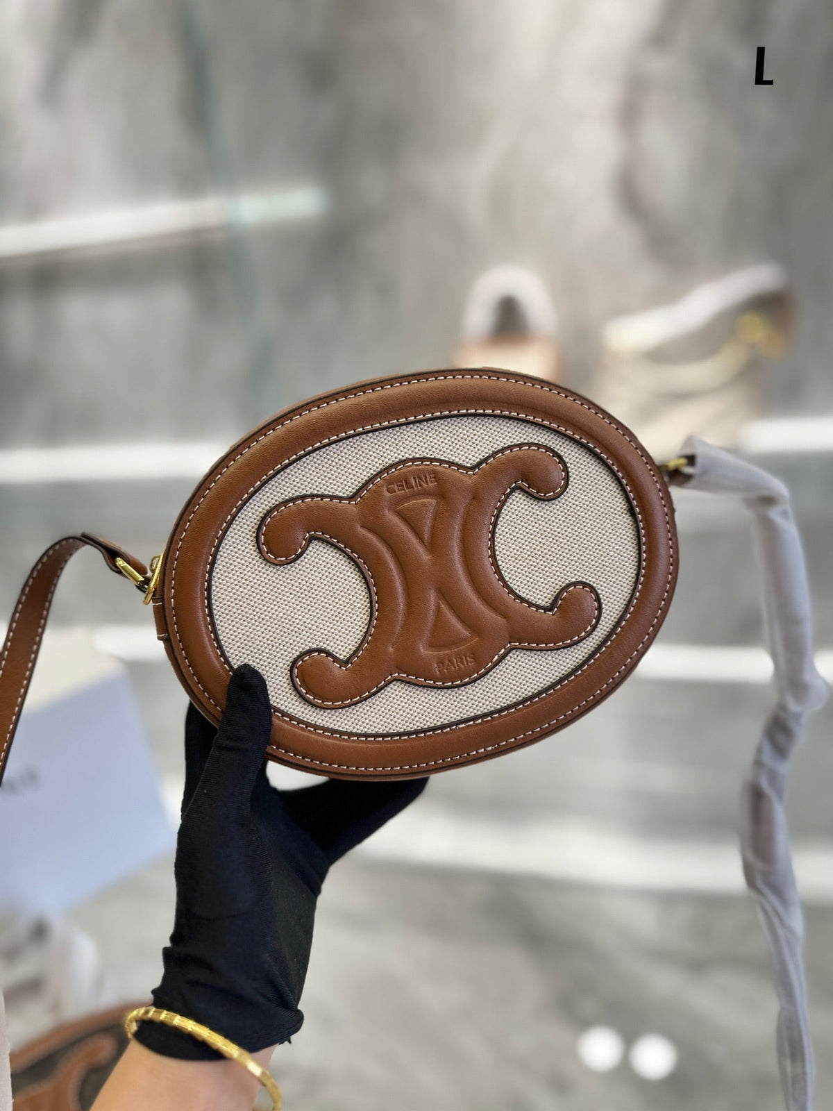 CELINE OVAL BAG CUIR TRIOMPHE IN TEXTILE AND CALFSKIN NATURAL 20CM 198602EFL02NT
