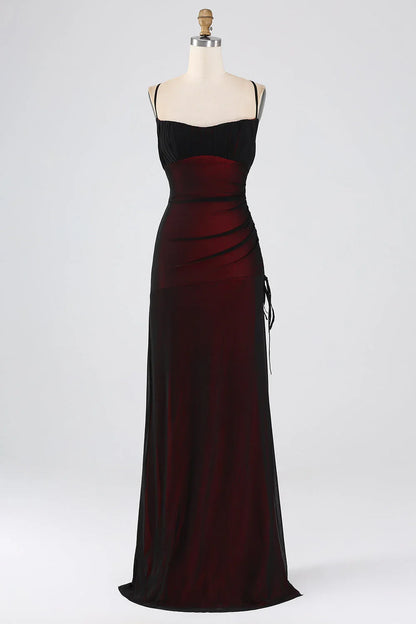 Thin shoulder strap black red ground length bridesmaid dress