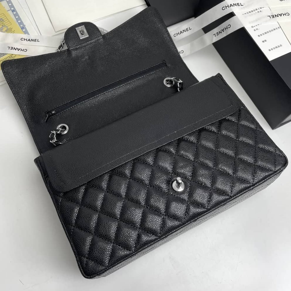 Chanel Maxi Classic Handbag Sliver Hardware Black 33Cm