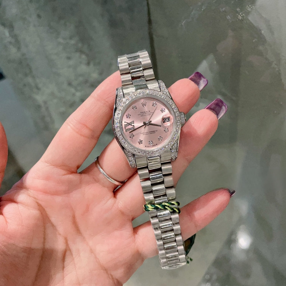 Rolex Datejust Diamond Bezel Oyster White Gold Pink 28Mm