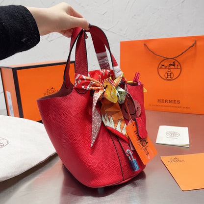 HERMES PICOTIN LOCK 18 BAG RED WITH SILVER 18CM