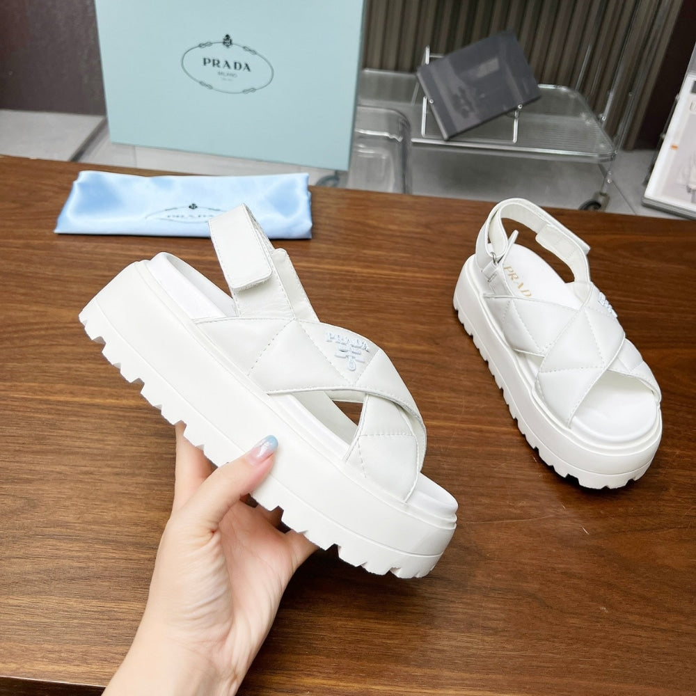 PRADA NAPPA LEATHER CRISSCROSS FLATFORM SANDALS IVORY 1XZ777 038 F0304 F 045