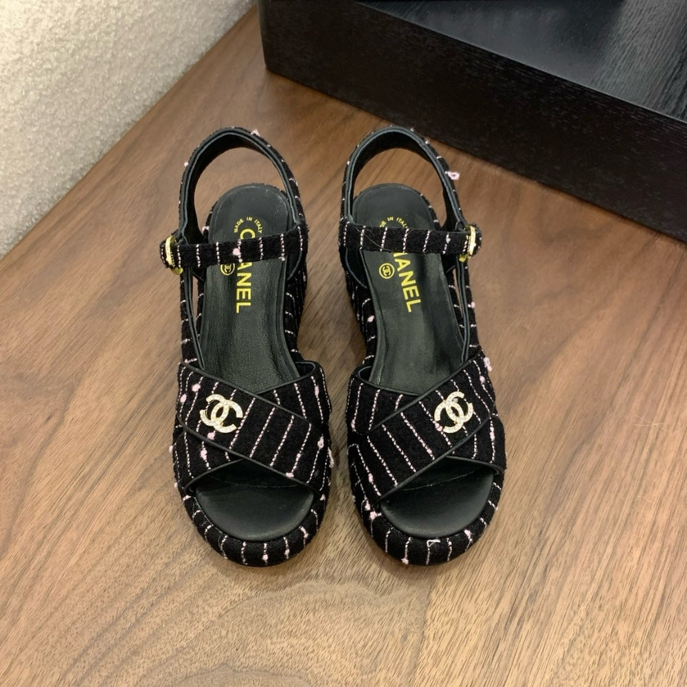 CHANEL COTTON TWEED CC PLATFORM SANDALS BLACK WHITE