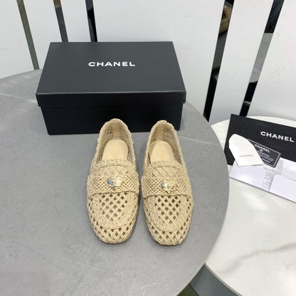 Chanel Leather CC Cap Toe Slip On Loafers White