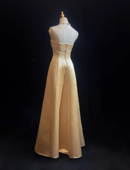 Fashion Strapless Gold Satin A Line Long Evening Dress Formal Wedding Guest Dress SP1781
