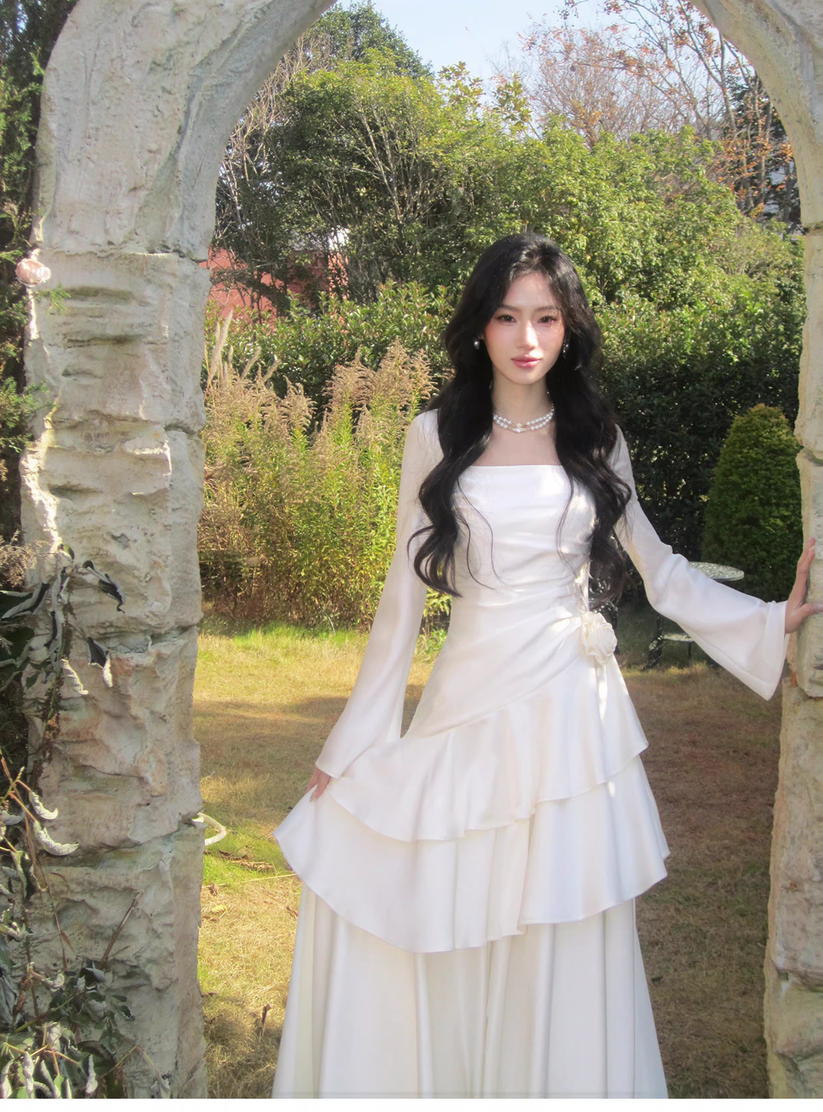 Elegant White Square Neck Satin Layered Ruffles Mermaid Long Evening Dress Birthday Dress SP1646