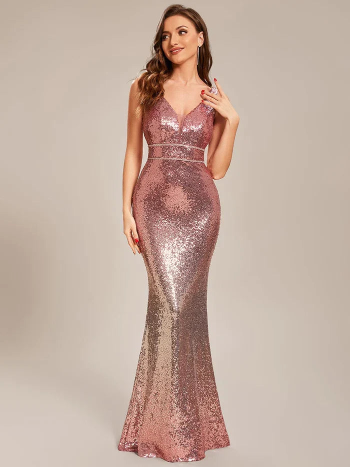 Custom Size Sleeveless Deep V-neck Bodycon Sequin Prom Dress