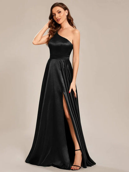 Custom Size One Shoulder Long Empire Waist Satin Prom Dress