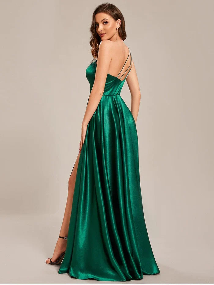 Custom Size One Shoulder Long Empire Waist Satin Prom Dress