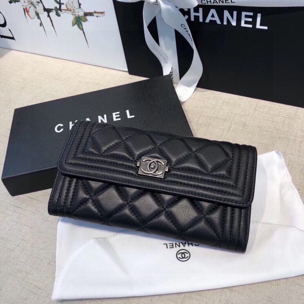 Chanel Boy Flap Long Wallet Ruthentium Hardware Black 19Cm