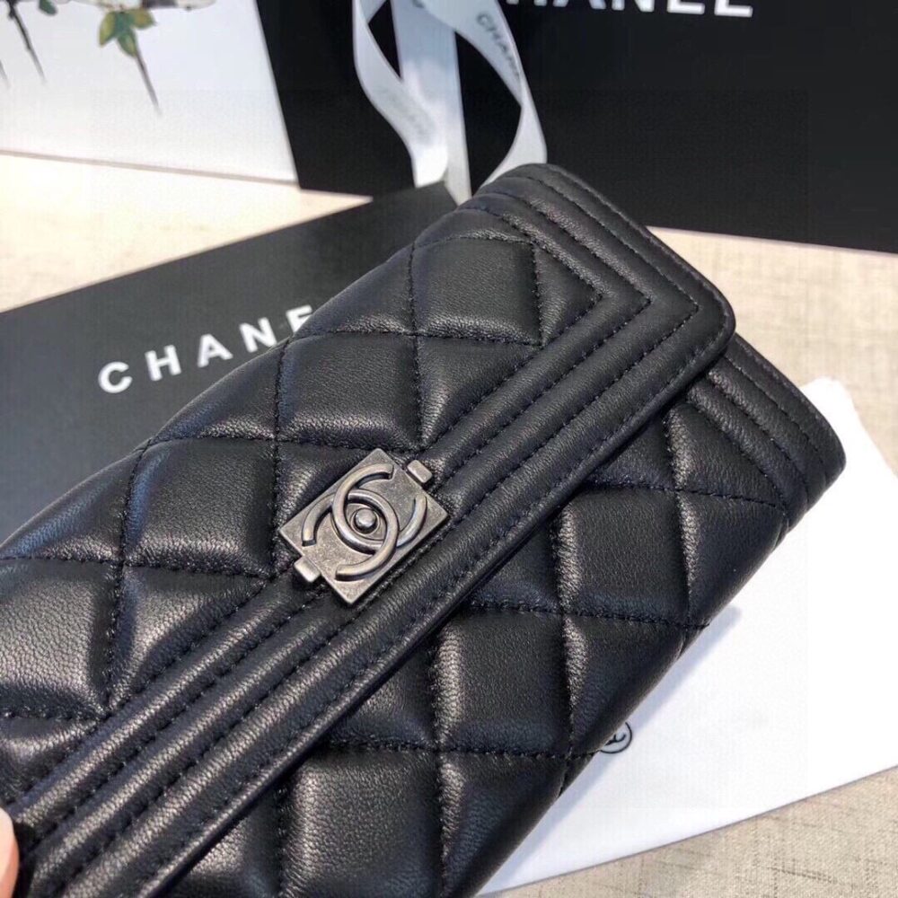 Chanel Boy Flap Long Wallet Ruthentium Hardware Black 19Cm