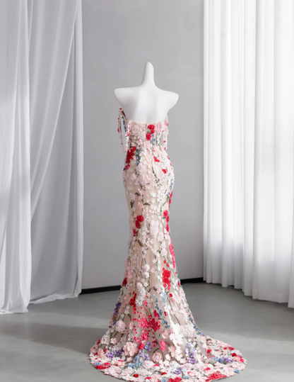 Glamorous Spaghetti Straps Tulle Colorful Appliques Mermaid Long Party Dress Prom Gown SP1514