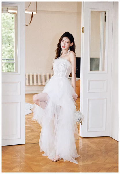 Classy White Feathers Strapless Embroidered Tulle Sequin Appliques Long Birthday Prom Dress Evening Gown