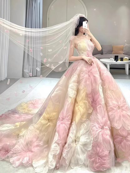 Gorgeous Strapless Tulle Flowers A Line Ball Gown Fairy Wedding Dress cc2725