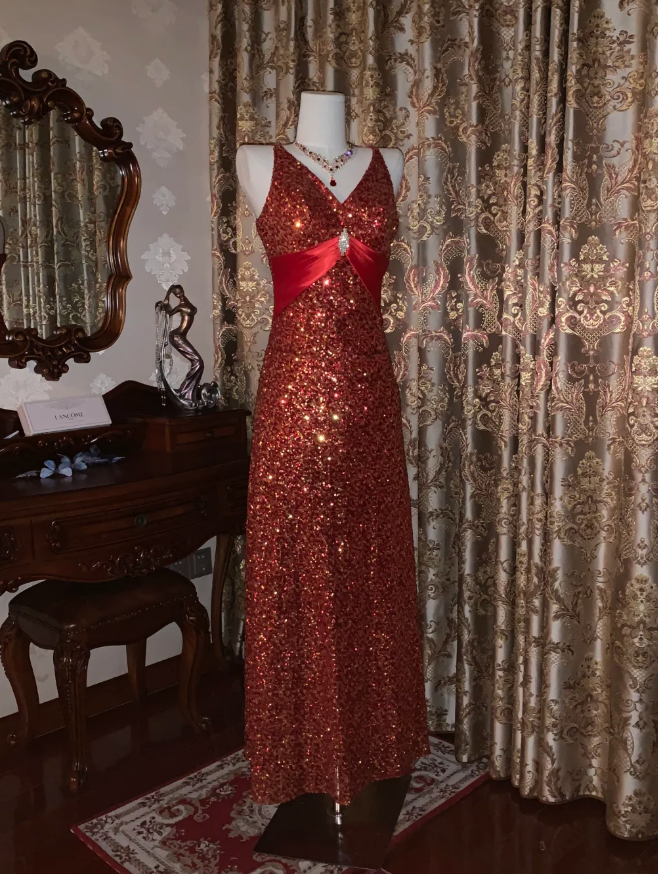 Vintage Red V Neck Sequin Beaded Mermaid Party Dress Long Evening Gown