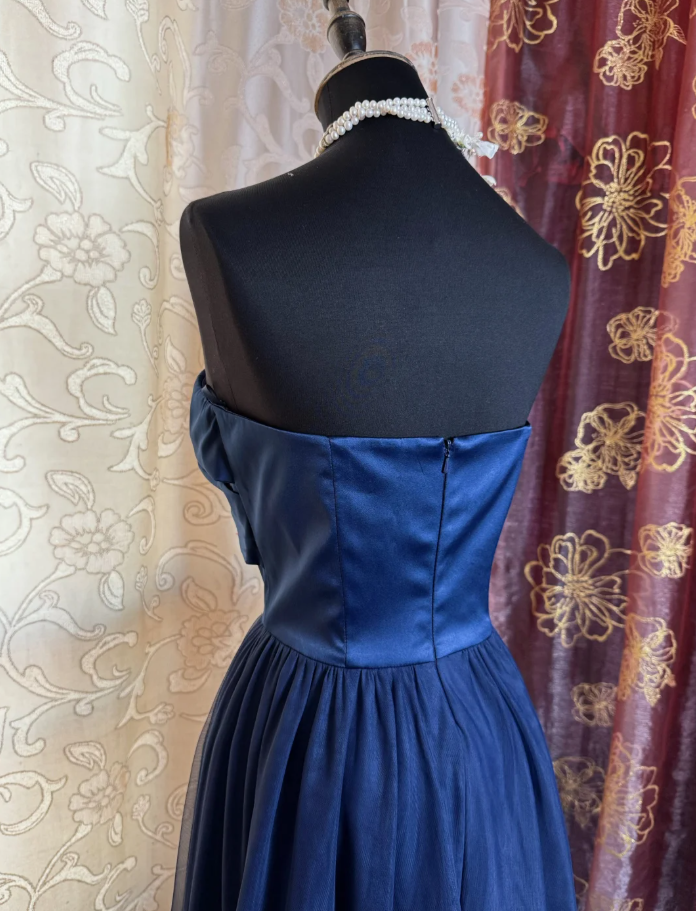 Simple Strapless Satin Tulle A Line Long Wedding Guest Dress Navy Blue Evening Dress Prom Gown SP1620