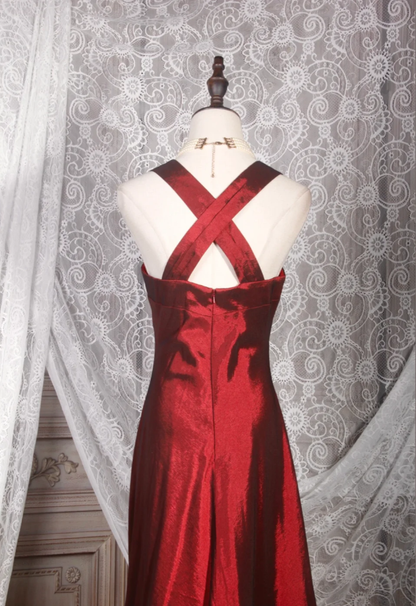 Vintage Burgundy V Neck Satin Mermaid Long Prom Dress Party Gown