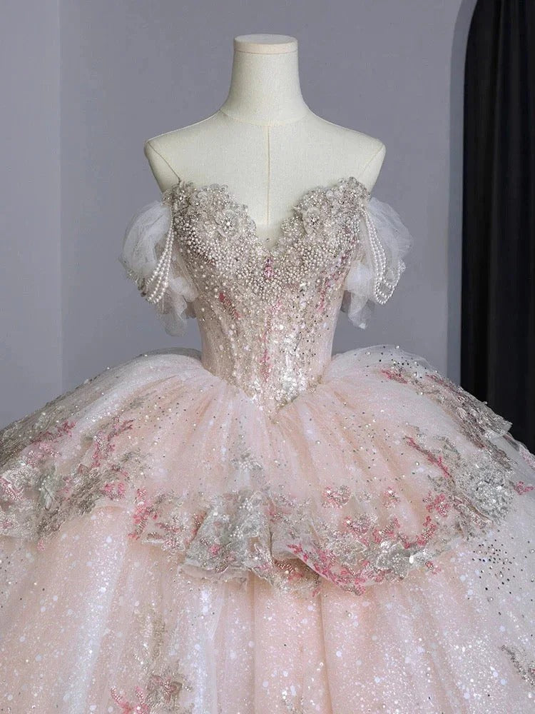 Pink Beaded Long Tulle Ball Gown Evening Dress gh4830