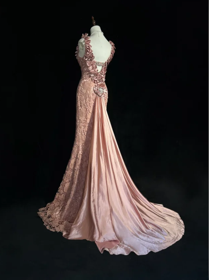 Pretty Pink V Neck Lace Mermaid Birthday Prom Dress Long evening Dress Party Gown
