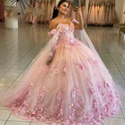 Lace Appliques Quinceanera Dresses Ball Gown Off Shoulder 3D Flowers Sweet 15 16 c2936