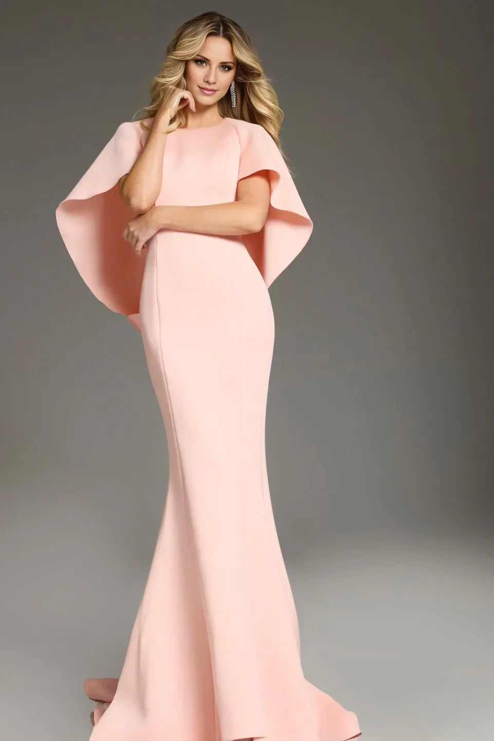 Classic mermaid silhouette shawl sleeves and floor length evening dress