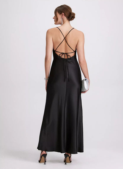 Collar sleeveless thin shoulder straps backless and floor length evening dress