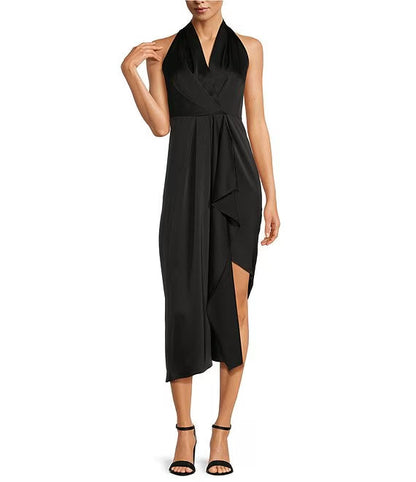 Light brown apron V-neck sleeveless satin asymmetrical hem medium length evening dress