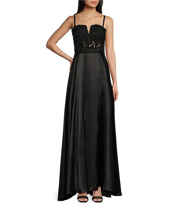 Fantasy lace mesh tight fitting corset with lace up back for a long evening dress