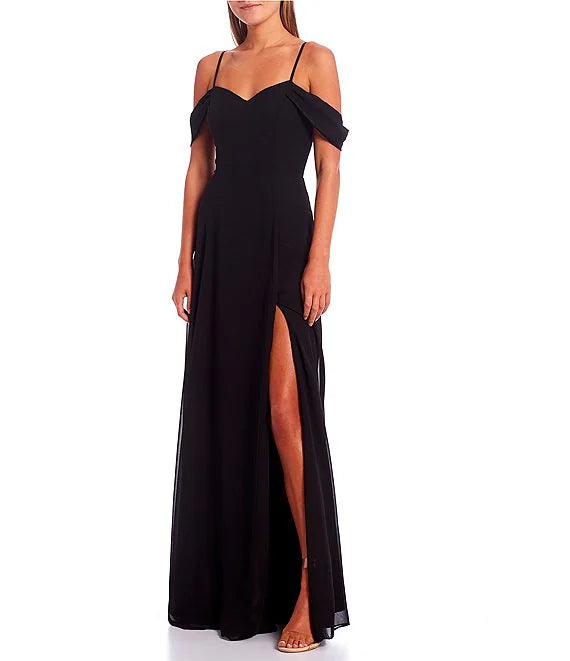 Off shoulder sweetheart collar with side slit chiffon long prom dress