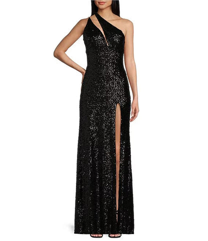 One shoulder hollowed out lace up with front slit and long sequin prom dress