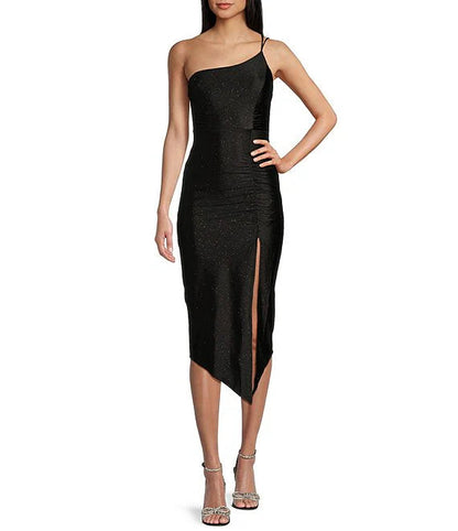 One shoulder glitter knit A symmetrical mid length prom dress