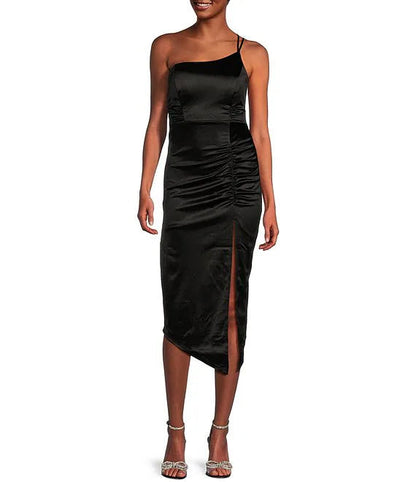 One shoulder pleated side slit satin mid length prom dress
