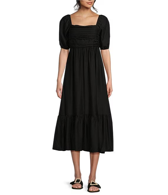 Mid length prom dress with pleated lantern sleeves