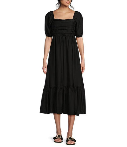 Mid length prom dress with pleated lantern sleeves