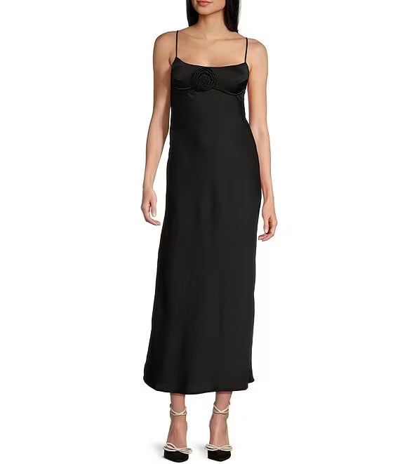 Satin low neck thin shoulder strap with rose back hollowed out suspender prom dress