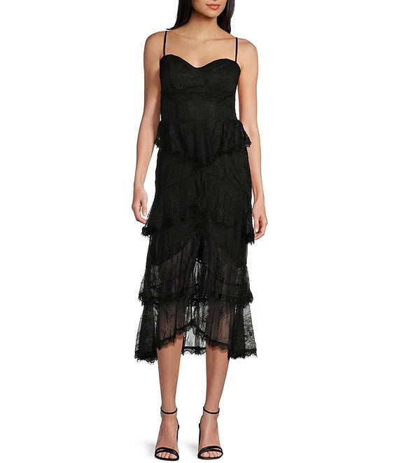 Sweetheart neckline lace tight fitting corset with ruffled edges medium length prom dress