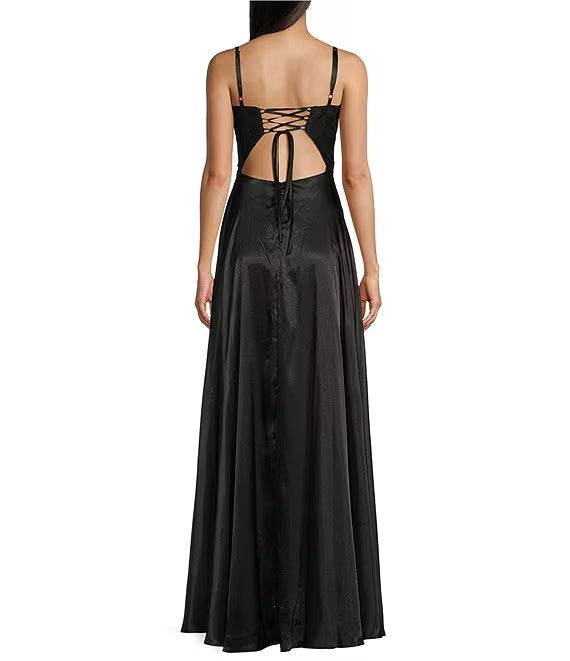Fantasy lace mesh tight fitting corset with lace up back for a long evening dress