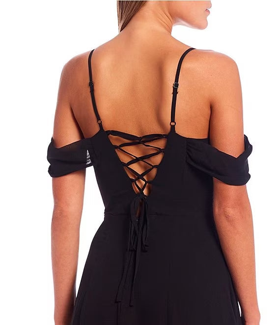 Off shoulder sweetheart collar with side slit chiffon long prom dress