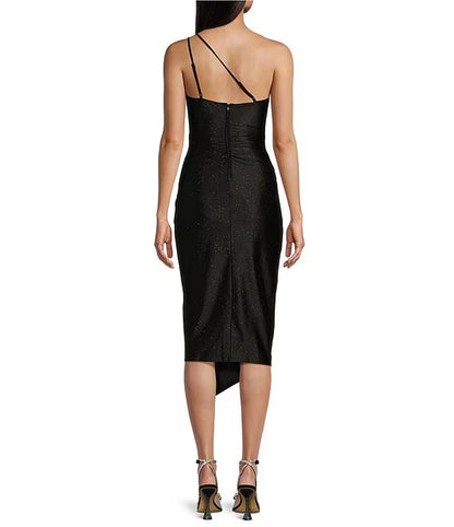 One shoulder glitter knit A symmetrical mid length prom dress