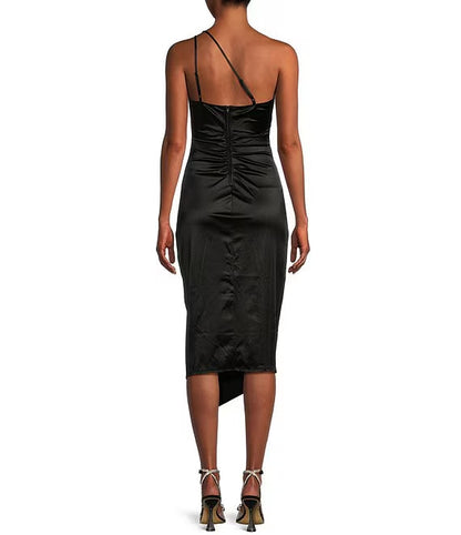One shoulder pleated side slit satin mid length prom dress