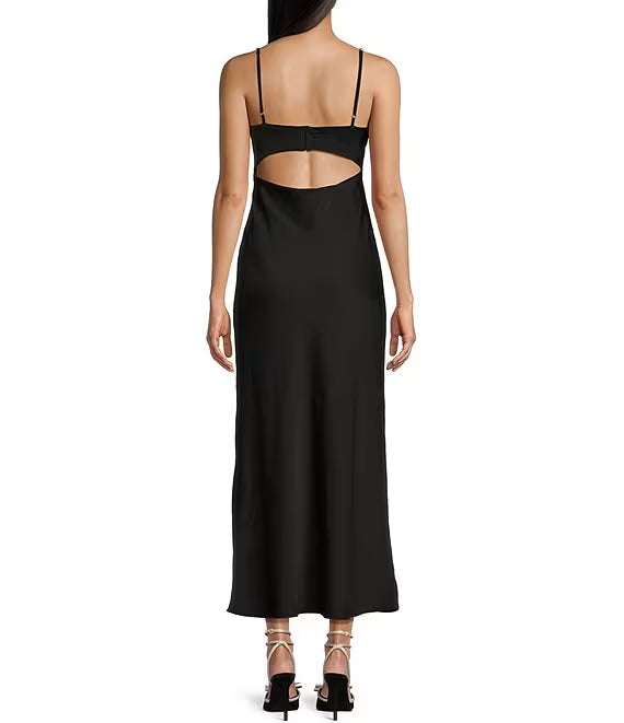 Satin low neck thin shoulder strap with rose back hollowed out suspender prom dress