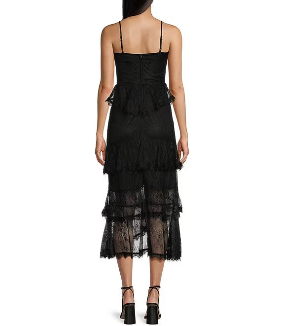 Sweetheart neckline lace tight fitting corset with ruffled edges medium length prom dress
